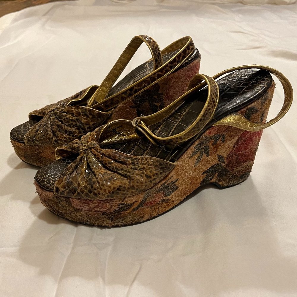 Vintage Elisa Ferrari Snakeskin and Floral Wedges size 7